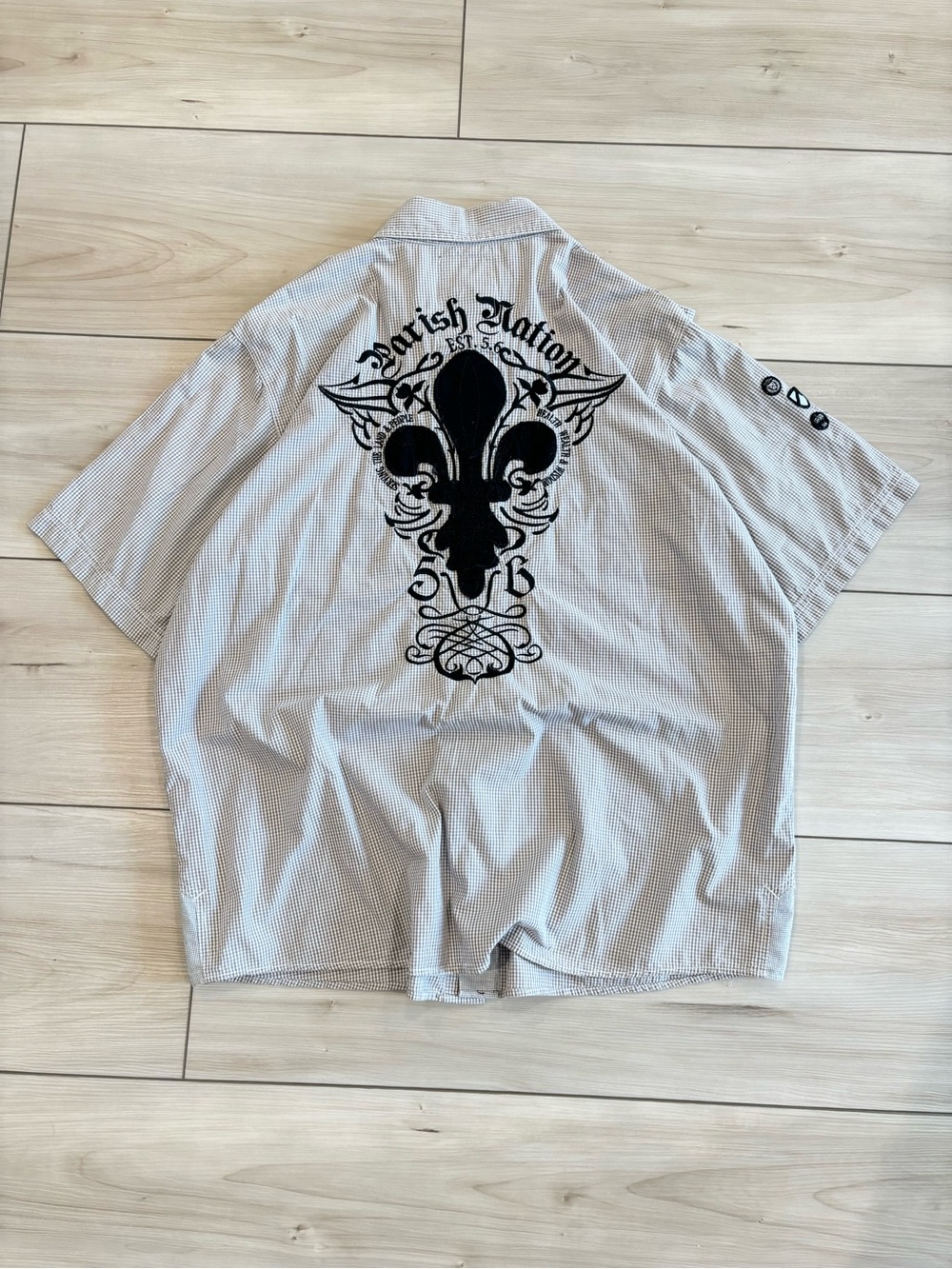 Parish Nation y2k grunge goth embroidered Fleur de Lis affliction style shirt